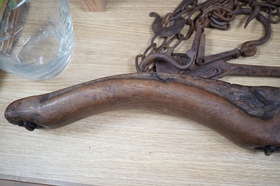 A 19th century Treen and iron yoke, 132cm. Condition - fair